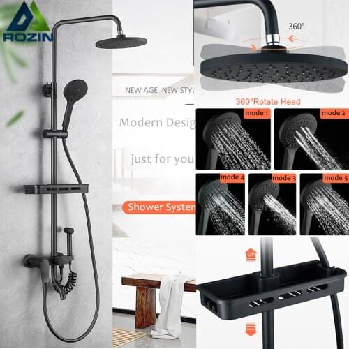 Matte black Bath Shower Faucet Set with Commodity Shelf Wall Mount Swive Spout Shower Mixers with Handshower Rainfall Shower Tap