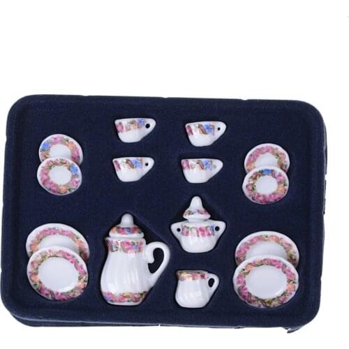 1/12 Miniature 15PCS pink Flower Patten Porcelain Coffee Tea Cups Ceramic Tableware Dollhouse Kitchen Accessories