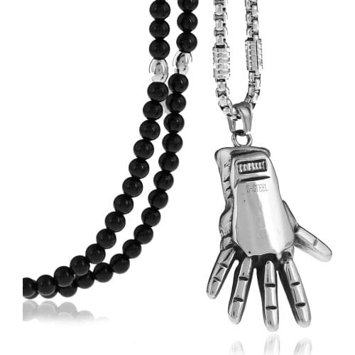 Motorcycle Hand Retro Tide Male Stainless Steel Gloves Sports Pendant Necklace with Black Natural Stone Beaded Necklace 27"
