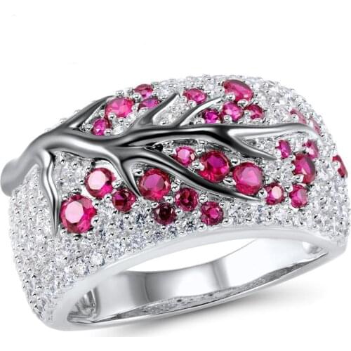 Luxury Elegant Full White Pink Zircon Mosaic Plum Tree Shape Ring for Women Charm Ladies Wedding Engagement Memorable Love Token