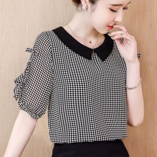 Printed chiffon shirt womens short-sleeved 2021 fashion new summer Korean version of all-match foreign style doll collar top