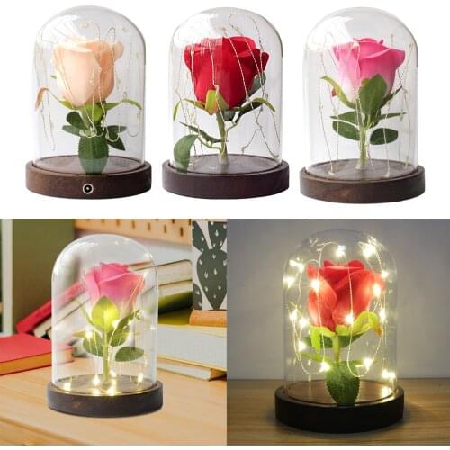 Eternal Rose Handmade Preserved Flower Red Rose with Glass Dome Led Lights