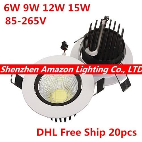 Factory Price! Recessed COB LED Downlight 6W 9W 12W 15W COB LED Ceiling Down Lighting Lamp with driver 85-265V DHL Free 20pcs