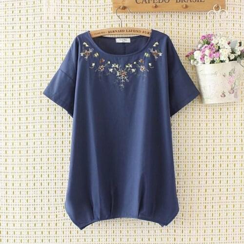 Plus size Embroidered white & dark blue t shirts women 2020 O-Neck cotton linen summer ladies tops tee shirt femme 4XL