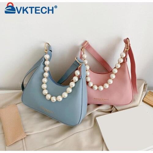 Fashion Women Solid Color PU Leather Shoulder Underarm Bag Casual Ladies Pearl Chain Small Hobos Handbags Purse