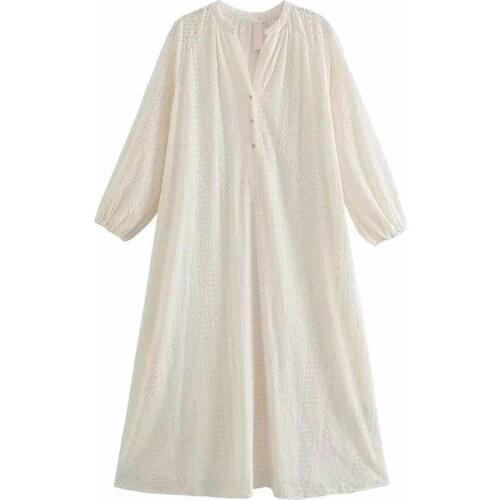 Women Solid Single Breasted O Neck Chiffon slim midi Dress Female Hollow Out Vintage Dresses Ladies Long sleeve Dress