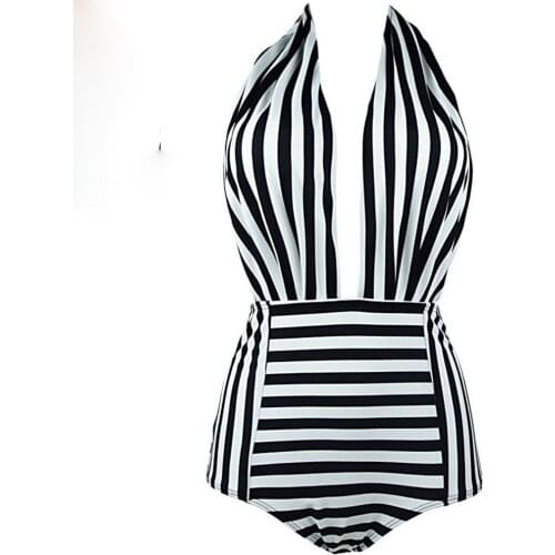 Women Sexy One Piece Swimsuit Push-up Padded Bra Striped Halter Swimsuit Bathing Suit Swimwear Monikini Bodysuit Trikini C0512