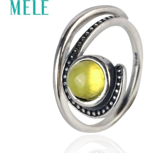 Natural yellow prehnite open ring for women,6mm roung cut mian stone 925 sterling silver Unique design fine fashion jewelry