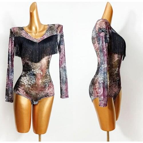 Long Sleeve Tassel Floral Latin Dance Dress Women Bodysuit Dancing Tops for Ballroom Tango Chacha Dancing Performamnce DL639