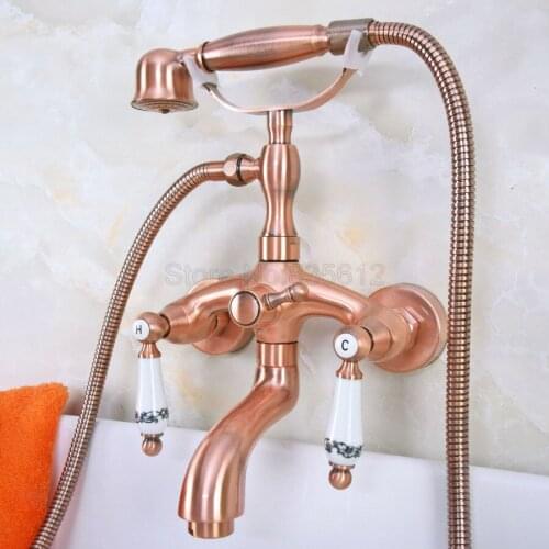Antique Red Copper Clawfoot Bathtub Faucet Set with Handheld Shower Dual Ceramic Handles Mixer Taps Wall Mounted tna313