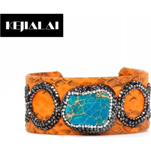 Bohemian Style Jewelry Women Bangle Python Leather Snakeskin Charm Adjustable Pave with Rhinestone Natural Stone Bracelet Girls