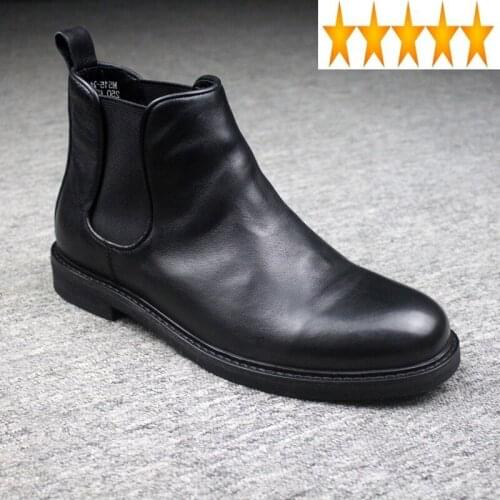 Mens High Top Slip Winter On Chelsea Round Toe Cowhide Genuine Leather Ankle Boots Business Man Casual Work Safety Shoes