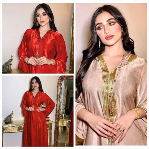 Dubai Abaya Maxi Dress Jalabiya Hooded Ribbon Champagne Color Islam Muslim Women Moroccan Kaftan Arabic Turkey African Robe 2021