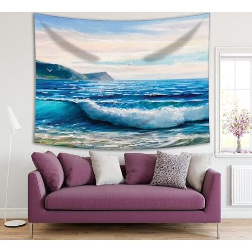 Tapestry Sea Waves Seagulls Coulds Sky Summer Morning at Beach Ocean Nature Oil Painting Blue White