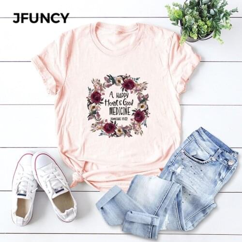 JFUNCY Anadem Letter Print 100%Cotton Summer T Shirt Women Short Sleeve T-shirt Female Tees Plus Size Casual Lady Basic Tops