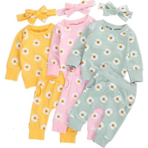 3PCS Baby Girls Daisy Print Clothes Set Winter Autumn Long Sleeve O-neck Floral Sweatshirt Tops + Little Sunflower Pants Outfit