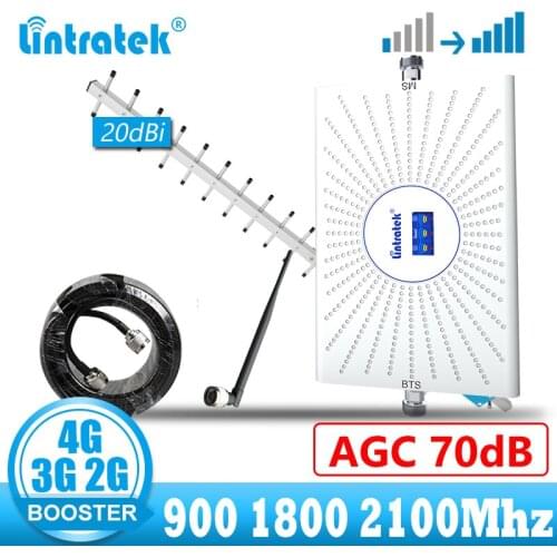 Lintratek AGC 70dB 900 1800 2100 Cellular Amplifier Repeater GSM 2G 3G 4G Signal Booster Mobile phone call 20dBi yagi kit