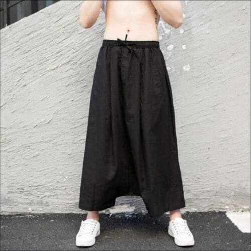 M-4xl Summer New Culottes Men Loose Linen Skirts Pants Big Crotch Pants Collapse Seven Points Low Hanging Harem Pants Costumes