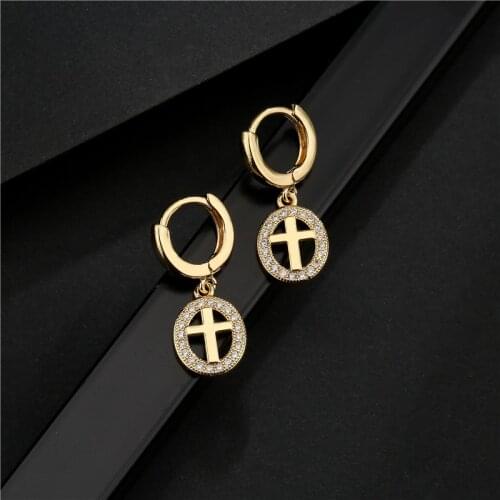 NEWBUY Fashion Gold Color Copper Cross Earrings Luxury CZ Geometric Dangle Earring Female Christian Jewelry Gift