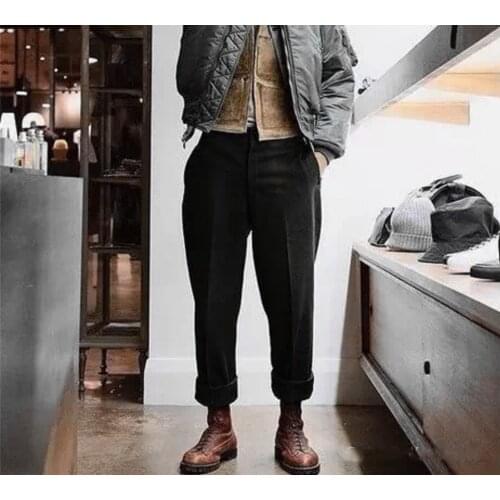 Autumn and winter thick black tweed loose micro Harem Pants hemmed Leggings European and American fashion mens street elements