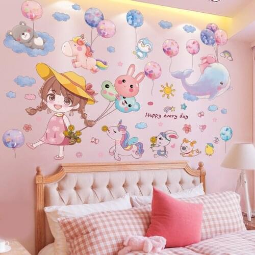 [shijuekongjian] Animals Balloons Wall Stickers DIY Cartoon Girl Mural Decals for Kids Rooms Baby Bedroom House Decoration