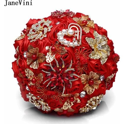 JaneVini Chic Chinese Style Red Bridal Bouquets for Wedding Satin Ribbon Rhinestone Artificial Flowers Allestimenti Matrimonio