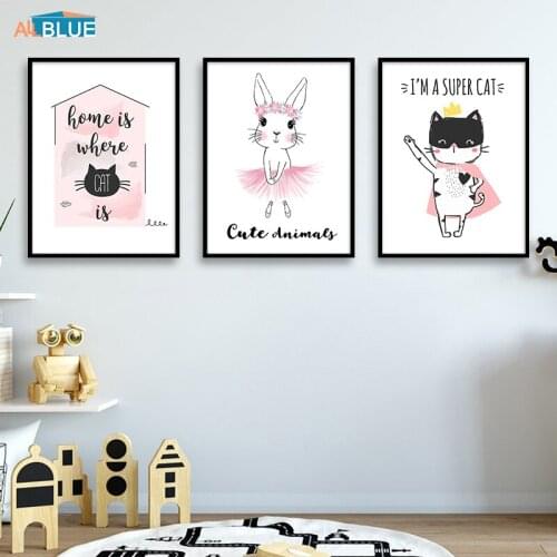 Scandinavian Cute Animal Canvas Poster Print Kids Cartoon Rabbit Cat Wall Art Wall Pictures For Baby Nursery Bedroom Home Decor