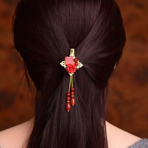 Temperamental Red Onyx Barrettes Retro Cinnabar Flower Duckbill Clip Ethnic Comfortable Color Retaining Copper Hair Jewelry
