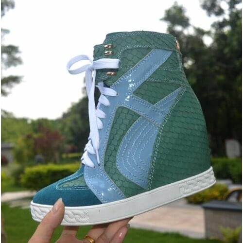 Girls 80 mm Height Increasing Wedge Shoes Woman Round Toe Lace Up Front Zipper Back Casual Ankle Boots Sneakers Drop Shipping