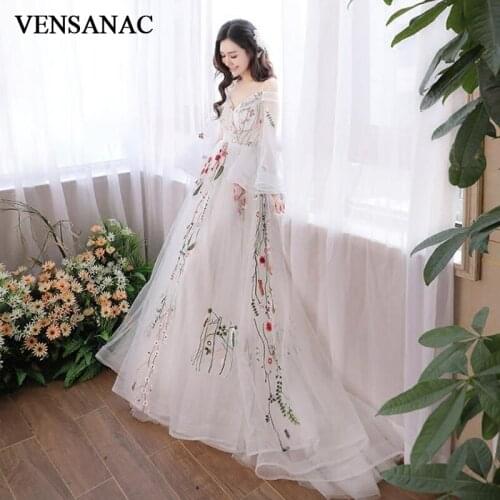 VENSANAC Spaghetti Straps A Line Long Evening Dresses Party Illusion Sleeve Sweep Train Prom Gowns