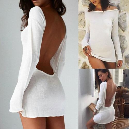 Womens Holiday Mini Ladies Summer Beach Backless Dress Ladies Women Sexy Dresses Solid Long Sleeve Size 6 - 14