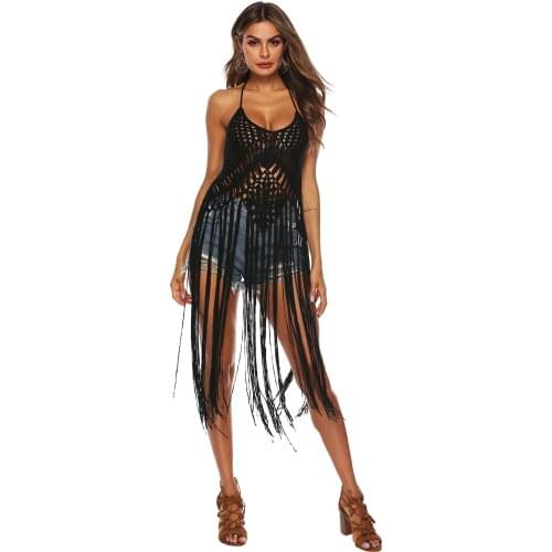 Women Sexy Hollow Out Geometric Crochet Bikini Cover Up Halter Open Back Bohemian Seaside Swim Dress Beachwear Swimming Seaside