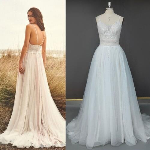 #10125 Spaghetti straps V-Neck Bohemian Backless Lace destination A-Line Bridal Gown Simple plus size Mermaid Wedding Dress