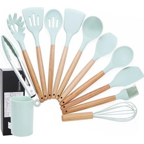 12PCS Silicone Cooking Utensils Set Kitchen Tool Non-stick Spatula Shovel Wooden Handle Cooking Set With Storage Box Cookware