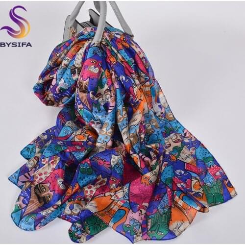 [BYSIFA] New Cartoon Cats Silk Scarves For Women New Luxury Brand 100% Silk Long Scarf Shawl Winter Blue Pink Neck Head Scarves