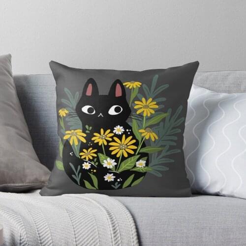Black cat with flowers Throw Pillow Cushion Cover Polyester throw pillows case on sofa home living room car seat decor 45x45cm