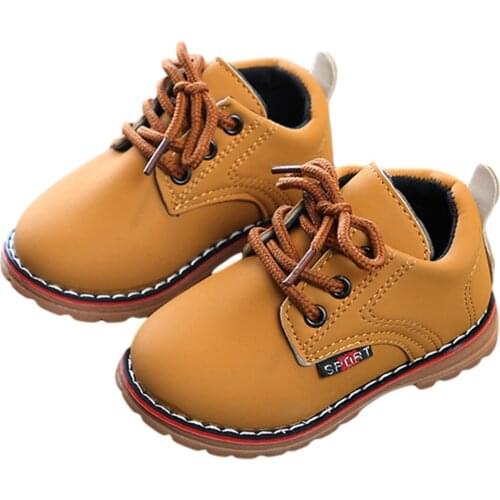 Toddler Kid Girls Boys Lace-up Leather Shoes Fashion PU Leather Waterproof Boots With Non-Slip Sole Leather Shoes