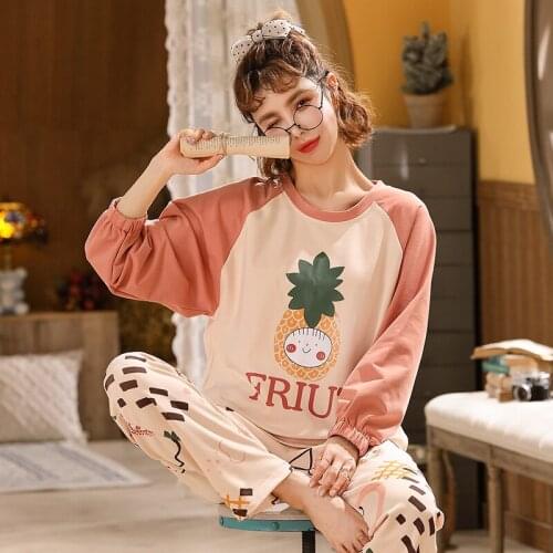 Foply Cartoon 100% Cotton Pajamas Set Women Pyjamas Sleepwear Nightwear Pijama Mujer Home Suits Plus Size Long Pants Nightsuit