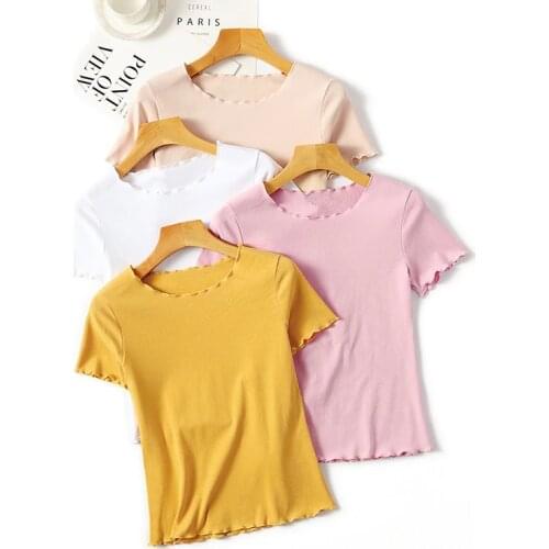 Ruffles Summer T Shirt Women Cotton Casual Solid Short T-Shirt Women Korean Tops Tee Shirt Femme Slim Black Tshirt Harajuku New