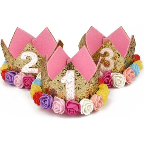 Hot Sale Girl Outfit First Birthday 1st Flower Priness Crown 2nd 3rd Baby Pink White Purple Birthday Hat Baby Hair Accessories
