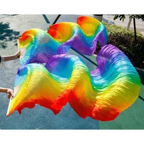 Hits 2018 High selling handmade women Quality Silk Belly Dance Fan Dance 100% Real Silk Veils 1 Pair Rainbow Colors (2pcs)