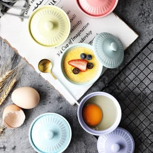2 PCS Ceramic Baking Bowl With Lid Pudding Baking Roast Steamed Egg Bowl Household Creative Baked Rice Steamed Egg Small Bowl