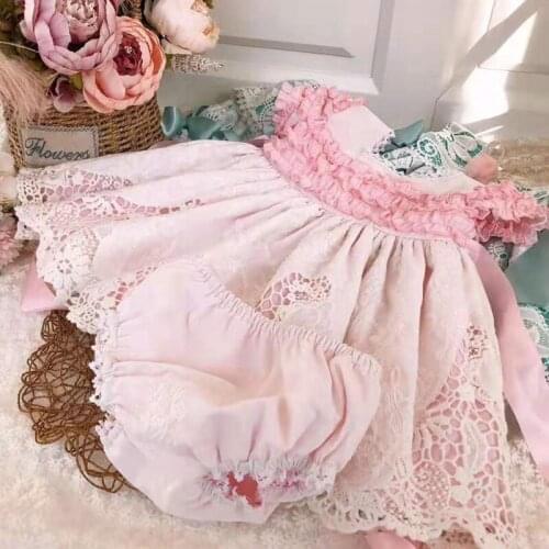 2PCS Summer Vintag Lolita Spanish Princess Pink Lace Short Sleeve Dress For Bady Girl Birthday Party for Cute Child Turkey Dress