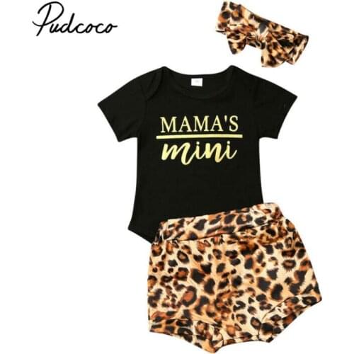 Summer New Baby Girl Sets Clothes Outfit Leopard Short Sleeve Bodysuit Short Pants Letter Top Mamas 3Pcs roupa infantil