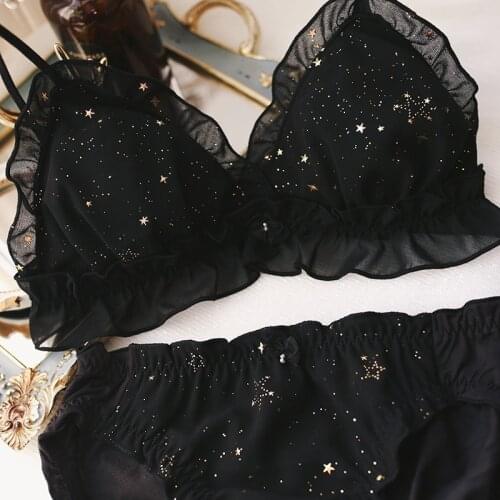 Hot Underwear Starry Women Bra Set Printing Full Lace Triangle Cup Wire Free Lovely Girl Intimates Sexy Bralette Panties Set