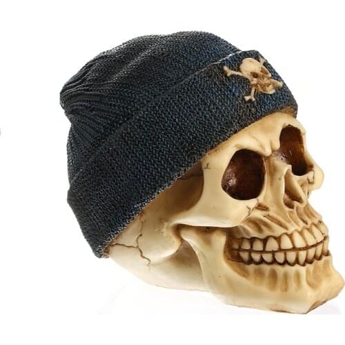Moquerry Resin Skull With Cap Knitted Hat Gothic Human Skull Statues Handicraft Head Shape Figurines Home Bar Decor Halloween