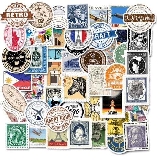 50PCS Retro Travel Stamp Stickers Waterproof Refrigerator Decoration Mixed Decals For MacBook/HP Computer Graffiti Sticker