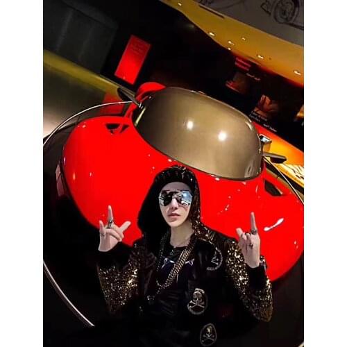 Nightclubs Male singer DJ Punk style Skull black silver leather suit costumes show party performance set