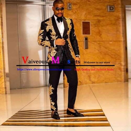 Latest Slim Fit Shiny Sequins Gold Applique Suits Men Prom Tuxedos Wedding Grooms Set 2 Pieces Jacket and Pants Costume Homme