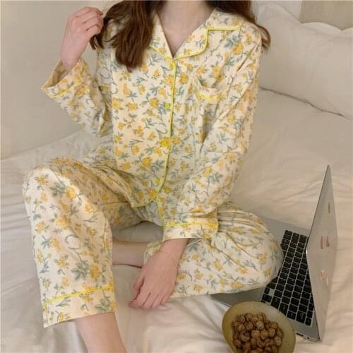 Ladies spring women chic pink yellow floral print long sleeve pajamas set woman sweet soft sleepwear breasted pyjama femme L233